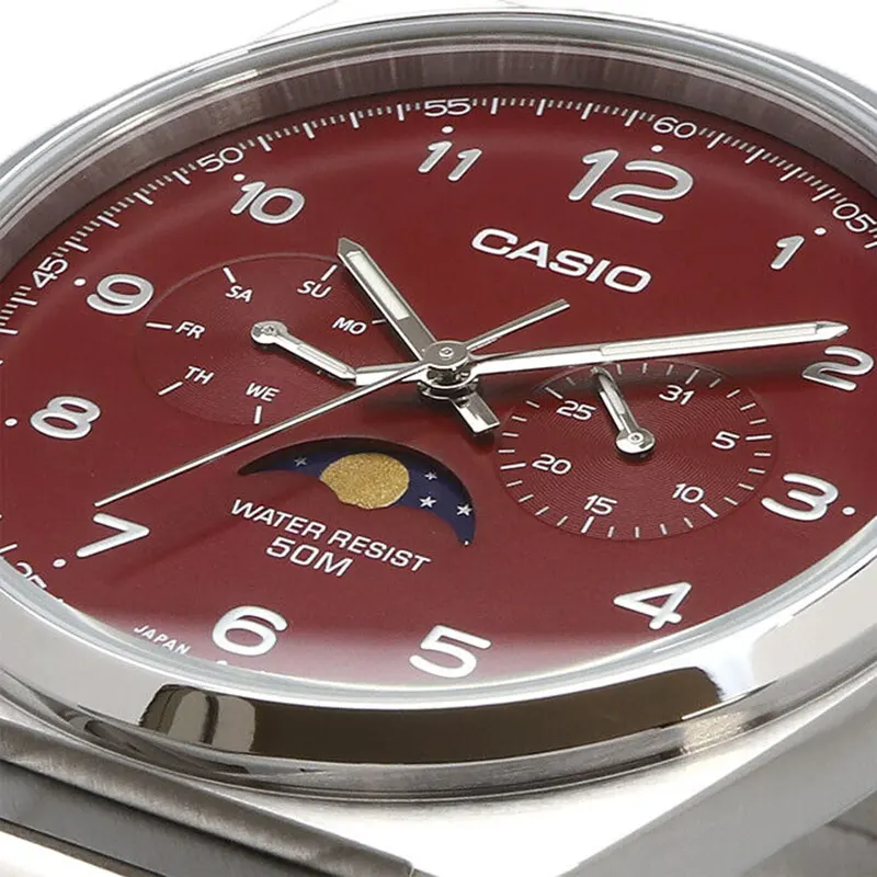 Casio Moon Phase Maroon Dial One-touch 3-fold Men's Watch- MTP-M300D-4AV